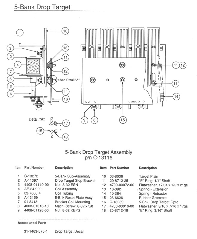 Action Pinball - C-13116 - 5-Bank Drop Target Assembly (Williams)